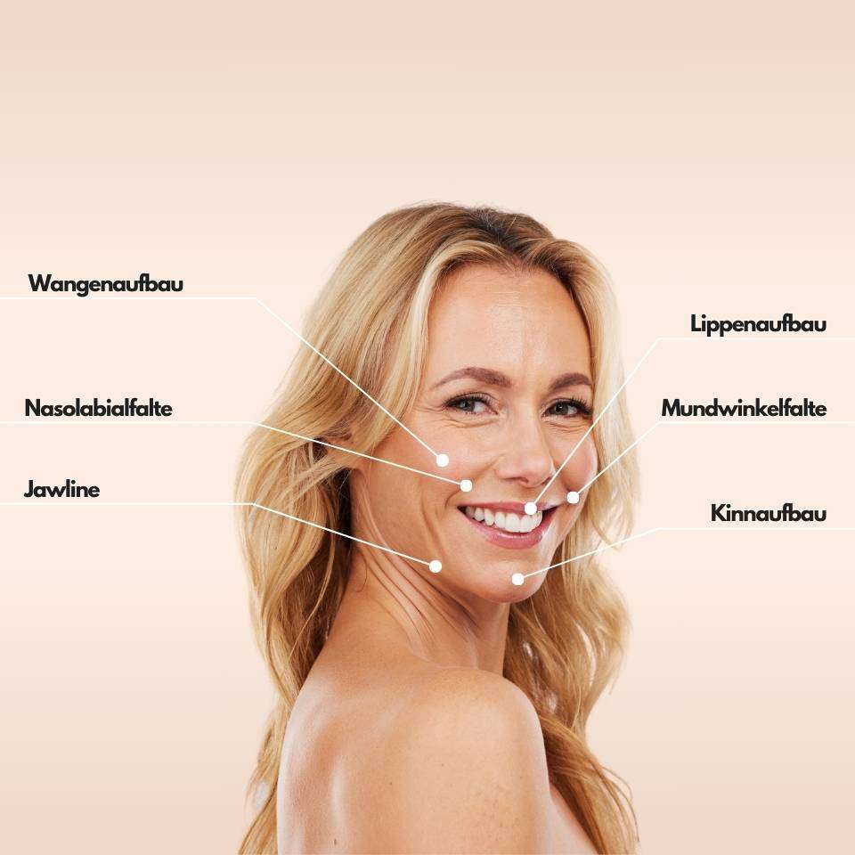 glowtox-anwendungsbereiche_hyaluron-Markierungen-im Gesicht einer Frau